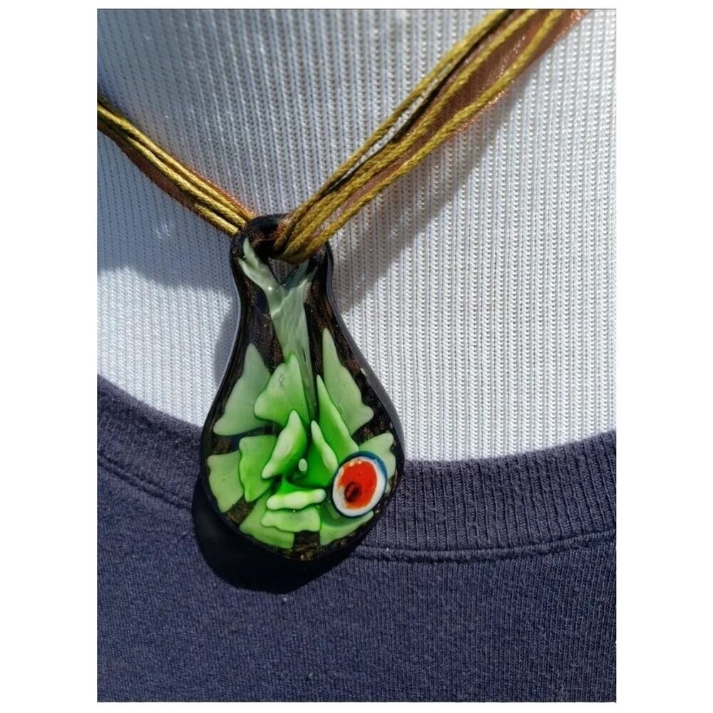 Womans Unique Glass Pendant with Necklace Teardrop Flowers Greens Pinks Gift Box
